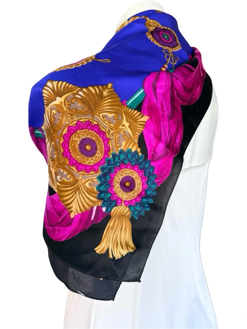 Vintage Liz Claiborne Silk Scarf Royal Blue Magenta Gold Tassel Medallion 30x30